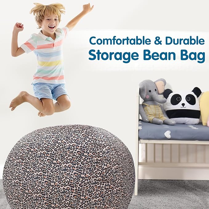 Lukeight Stuffed Animal Storage Bean Bag Chair Cover for Kids, Zipper Beanbag Chair Cover for Organizing Toddler & Kids' Rooms Plush Toys (Leopard Velvet, XX-Large)