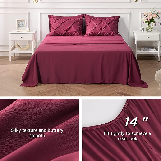 Bedsure Burgundy Comforter Set Queen - Bed in a Bag Queen 7 Pieces, Pintuck Beddding Sets Burgundy Bed Set with Comforter, Sheets, Pillowcases & Shams
