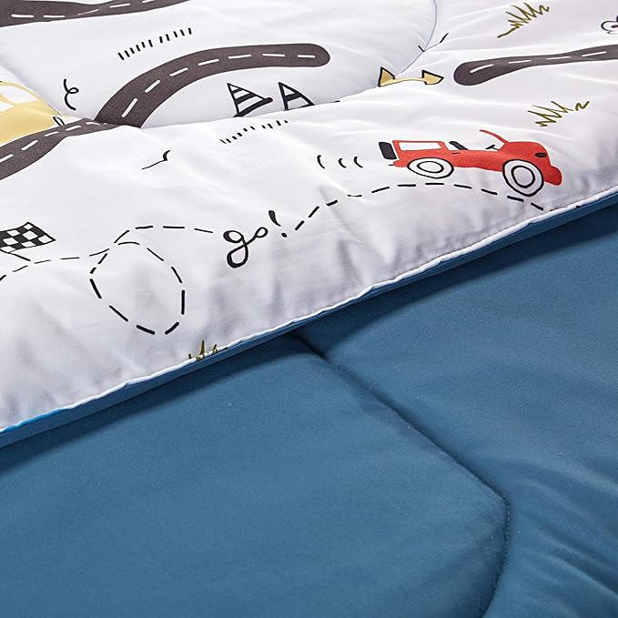 SLEEP ZONE Kids Bedding Comforter Set Full/Queen Size - Super Cute & Soft Kids Bedding 7 Pieces Set with Comforter, Sheet, Pillowcase & Sham (Car Road)