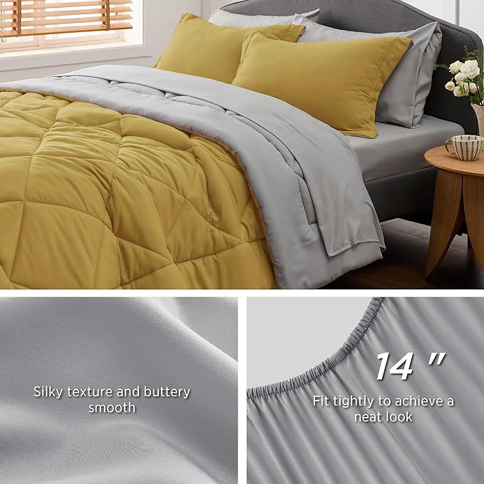 Bedsure Mustard Yellow Full Size Comforter Set - 7 Pieces Reversible Full Bed in a Bag, Full Bed Set Mustard Yellow and Grey with Comforters, Sheets, Pillowcases & Shams