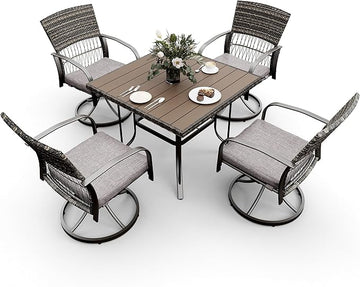 Pamapic 5 Piece Patio Dining Set for 4,Wicker Outdoor Furniture Set for Backyard Garden Deck Poolside with Square Plastic-Wood Table Top,4 Cushions Swivel Rocker Chairs,Removable Cushions(Gray)