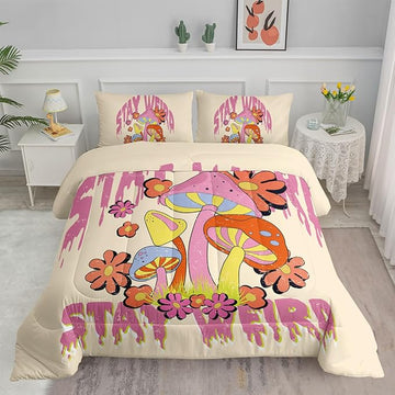 Axolotl Cartoon Mushroom Comforter Set Twin,Colorful Mushrooms Bedding Girls Bedding Set,Floral Comforter Set Red Pink Flower,Cute Mushroom Bedding Set for Kids Boys Girls Teens,1 Quilt 2 Pillowcases