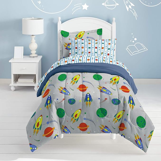 Dream Factory Space Rocket Ultra Soft Microfiber Comforter Set, Multi-Colored, Twin,2A745901MU