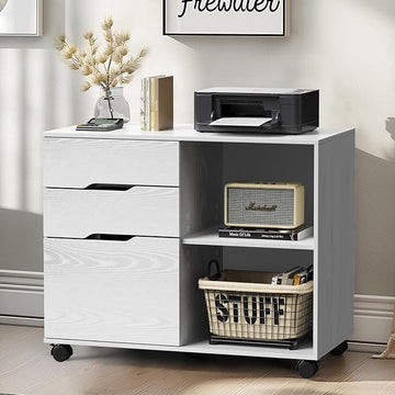 DUMOS Lateral File Cabinet with 3 Drawers Rolling Wooden Printer Stand Under Desk Storage Organizer with 4 Wheels Adjustable Shelf for Office Home, White
