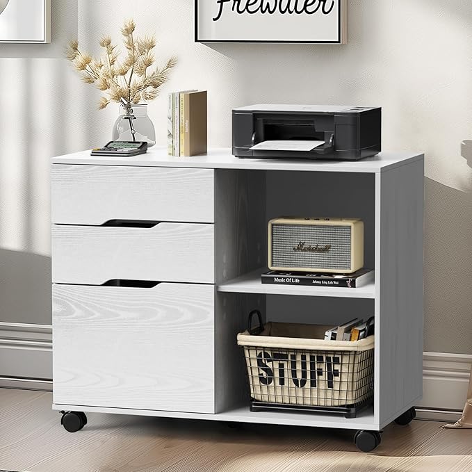 DUMOS Lateral File Cabinet with 3 Drawers Rolling Wooden Printer Stand Under Desk Storage Organizer with 4 Wheels Adjustable Shelf for Office Home, White