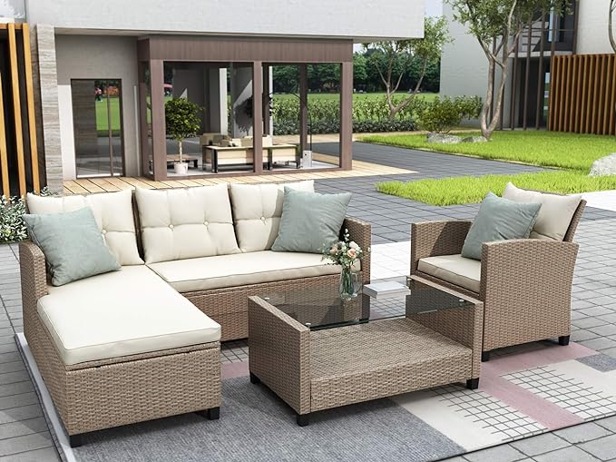 6 Piece Patio Furniture Rattan Outdoor Sectional Conversation Sets, Dining Table Chair with Bench and Cushions for Backyard, Pool, Lawn, O-Beige