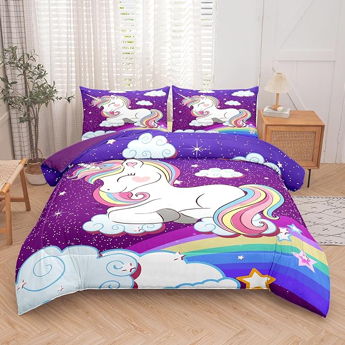 Tailor Shop Unicorn Bedding Sets for Girls Kids Teens,Purple Unicorn Comforter Sets Full Size with 2 Pillowcase…