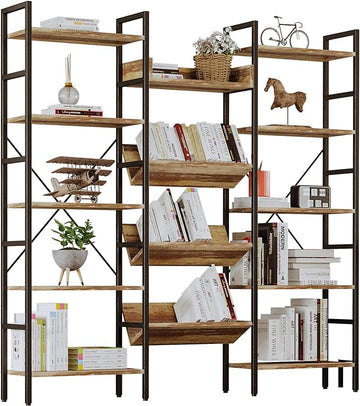IRONCK Bookcases and Bookshelves Triple Wide 5 Tiers Industrial Bookshelf, Large Etagere Bookshelf Open Record Player Shelves with Metal Frame for Living Room Home Office