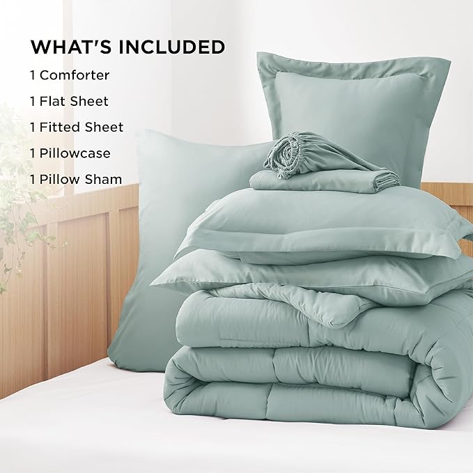 Bedsure Sage Green Twin Comforter Set - 5 Pieces Solid Twin Bed in a Bag, Twin Bed Set Sage Green with Quilted Warm Fluffy Comforters, Sheets, Pillowcase & Sham