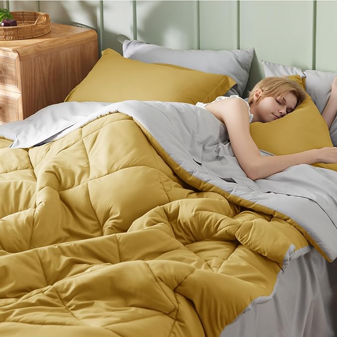 Bedsure Mustard Yellow Queen Comforter Set - 7 Pieces Reversible Queen Bed in a Bag, Queen Bed Set Mustard Yellow and Grey with Comforters, Sheets, Pillowcases & Shams
