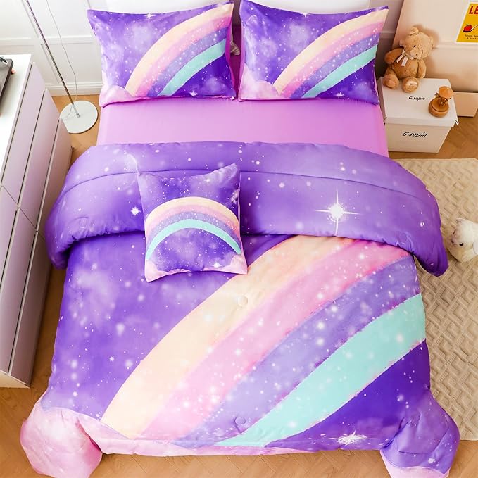 Purple Rainbow Girls Comforter Set Twin, 6 Pieces Gradient Glitter Bedding Sets for Girls Kids, 3D Galaxy Nebula Kids Girls Bed Set with Sheets for All Season