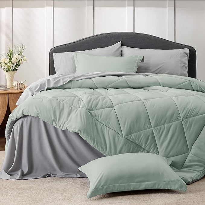 Bedsure Sage Green California King Comforter Set - 7 Pieces Reversible Bed Set Bed in a Bag California King with Comforters, Sheets, Pillowcases & Shams, California King Bedding Sets