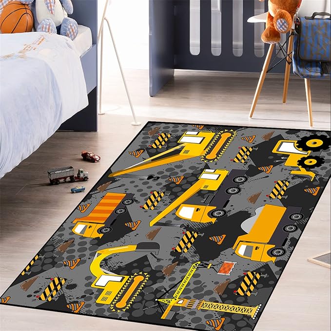 Construction Rugs for Boys Room Play Rug for Cars and Trucks Car Rug Play Mat Kids Rugs for Playroom Car Rug for Boys Room Construction Decor for Boys Room,Grey 2'5''×4'