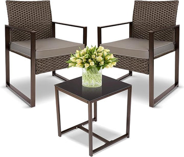 YIYAN 3 Pieces Outdoor Furniture Set Patio Rattan Wicker Chairs & teatable,Lawn Garden Balcony Backyard,with Washable Cushion (Gray)