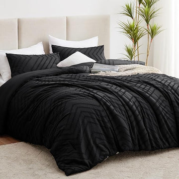CozyLux Queen Comforter Set Black - 3 Pieces Black Boho Tufted Shabby Chic Bedding Comforter Set for All Seasons, Chevron Bedding Sets with Comforter & 2 Pillow Shams