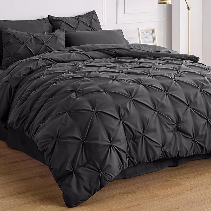 Bedsure California King Comforter Set - Cal King Bed Set 7 Pieces, Pinch Pleat Dark Grey Cali King Bedding Set with Comforter, Sheets, Pillowcases & Shams