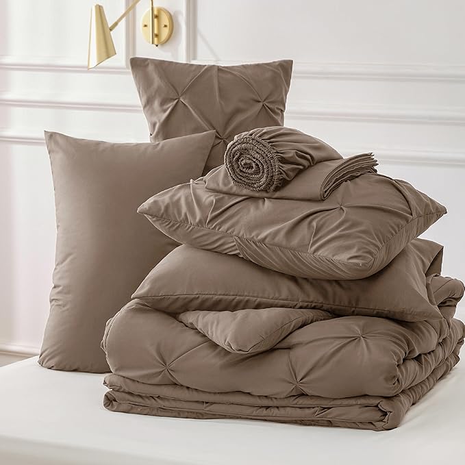 Bedsure Full Size Comforter Sets - 7 Pieces Pintuck Bed Set Full Size, Brown Full Size Bed in a Bag with Comforter, Sheets, Pillowcases & Shams