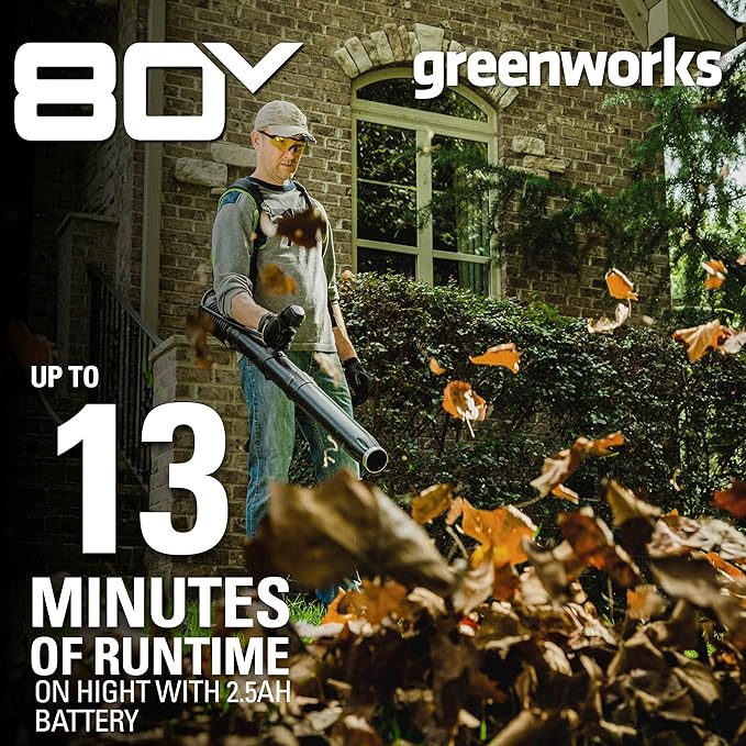 Greenworks 80V (180 MPH / 610 CFM / 75+ Compatible Tools) Cordless Brushless Backpack Blower, 2.5Ah Battery and Rapid Charger Included, Green/Black
