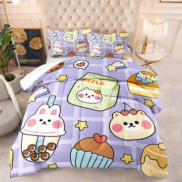 Kawaii Bear Comforter Set for Kids Teens Girls Women,Purple Bear Kids Comforter,1 Comforter with 2 Pillowcase, Microfiber 3 Piece Bedding Set,for All Seasons(Purple，Full Size)