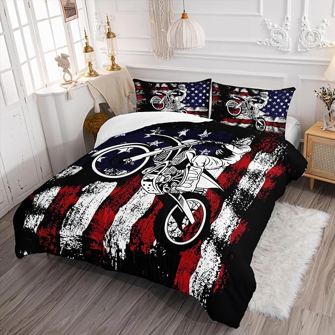 Axolotl Dirt Bike Comforter Set Full,American Flag Bedding Set,Motocross Comforter Set,White Red Stripes Stars Comforter Set,Motorcycle Racer Comforter for Boys Kids Teens Men,1 Quilt 2 Pillowcases