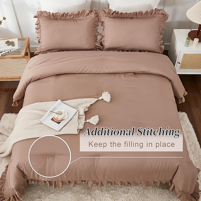 Andency California King Comforter Set Taupe (104x96Inch), 3 Pieces Cal King Ruffle Comforter, Oversized Farmhouse Shabby Chic Bed Comforter, Lighteweight and Soft Microfiber Bedding Set
