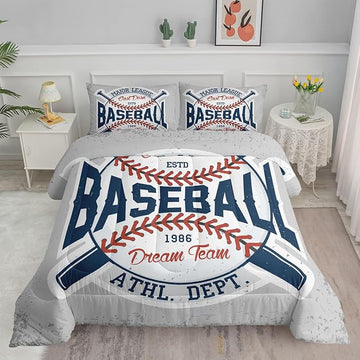 Datura home Baseball Comforter Set Vintage Grey Baseball Printed Quilt Bedding Set with 1 Comforter and 2 Pillowcases for Boys and Girls Bedroom All Season(Baseball Queen)
