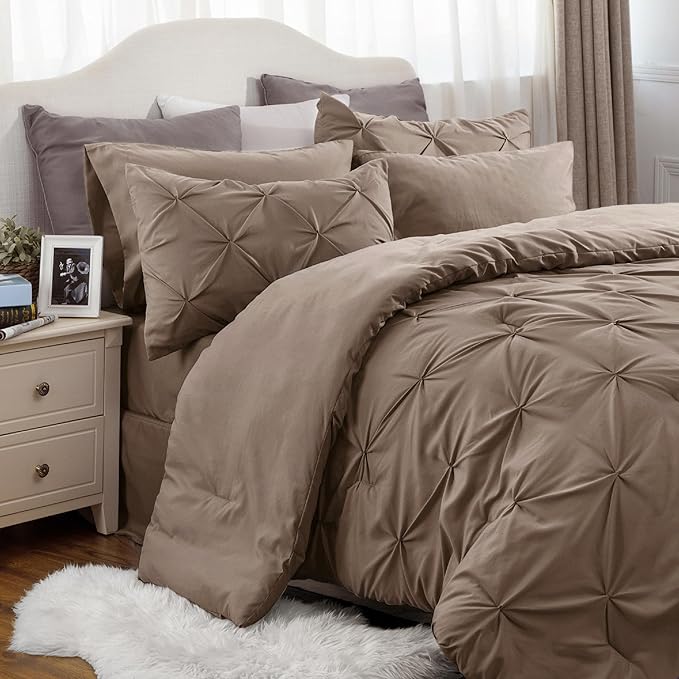 Bedsure Cal King Size Comforter Sets - 7 Pieces Pintuck California King Bed Set, Brown Cal King Size Bed in a Bag with Comforter, Sheets, Pillowcases & Shams