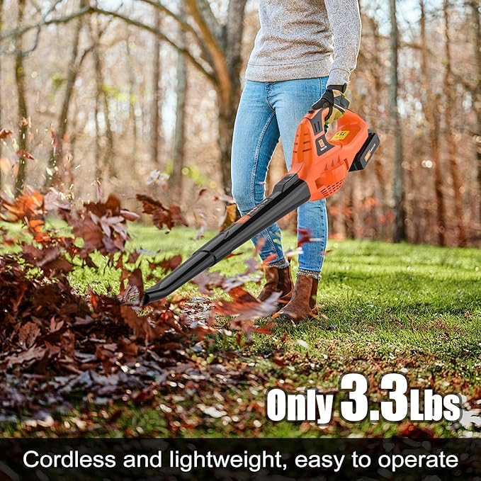 Leaf Blower Cordless,21V Handheld Electric Leaf Blower with 4.0Ah Battery and Charger, 2 Speed Mode, Lightweight Battery Powered Leaf Blower for Lawn Care, Patio, Yard, Sidewalk (Orange)