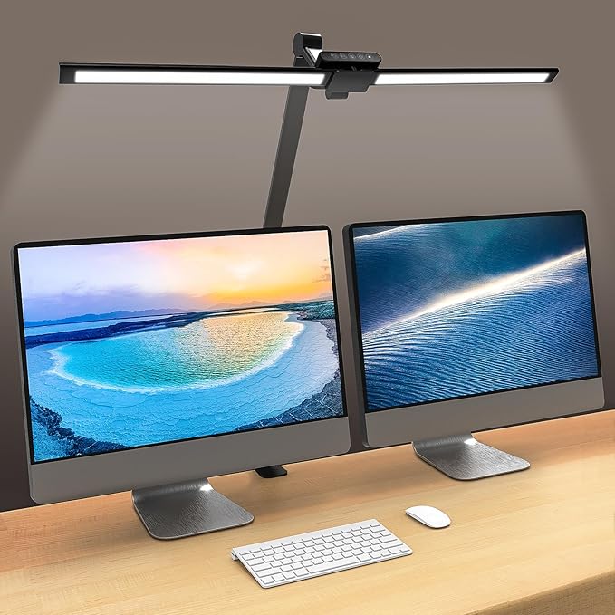 Led Desk Lamp for Office Home - Eye Caring Architect Table Light with Clamp, Dual Screen Computer Smart Light 5 Color 24W Lighting Table Lamp