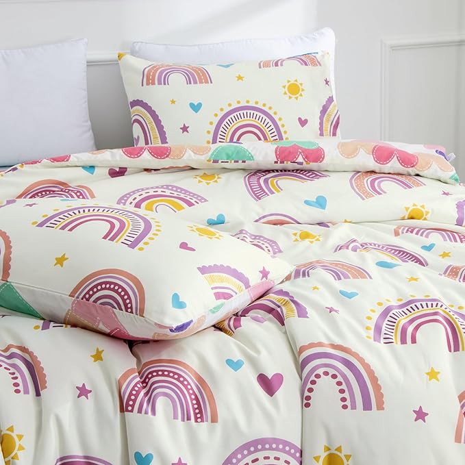 Btargot Lightweight Soft 3 Piece Rainbow Comforter Set with 2 Pillow Covers, Cartoon Love Hearts Suns and Stars Bedding Set for Girls Boys Kids, Queen Purple