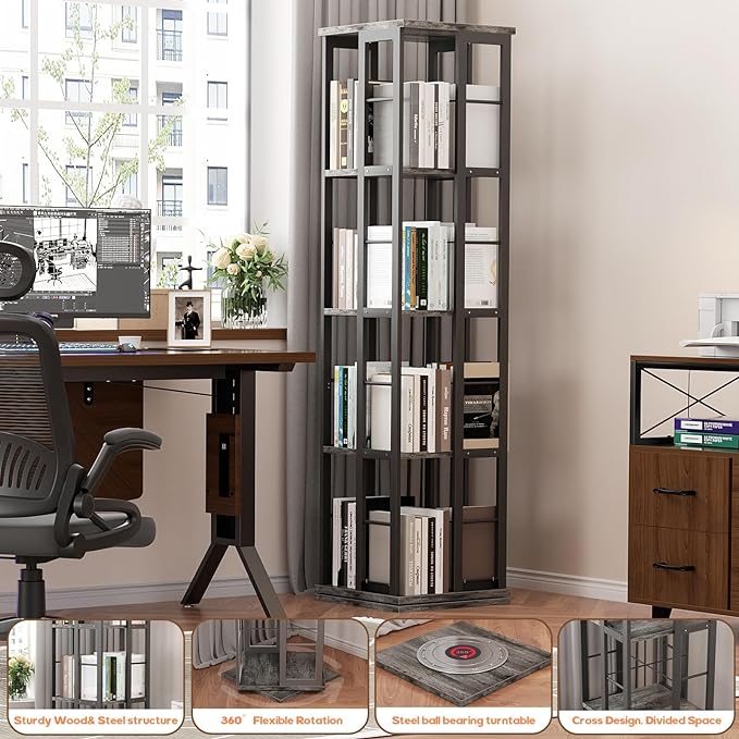 Aheaplus Rotating Bookshelf, Corner Bookshelf, 360 Display Wood Spinning Bookshelf, Floor Standing Bookcase Narrow Shelf Revolving Organizer Storage Rack for Small Space, Bedroom, Study Room, Grey Oak