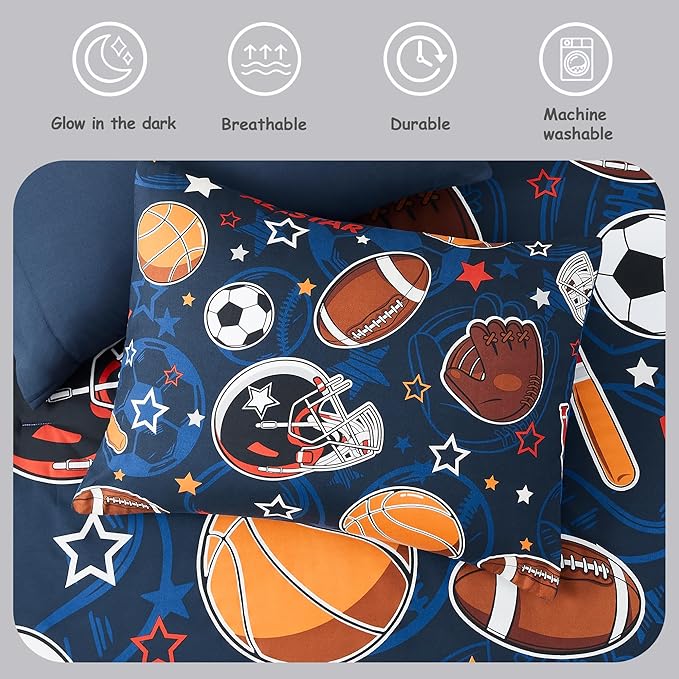 Sports Ball Games Twin Comforter Set with Sheets - 5 Pieces Kids Twin Bedding Sets for Boys, Glow in The Dark Baseball Basketball Football Soccer Twin Bed in a Bag for Kids, Teens