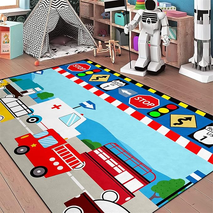 Cartoon Ambulance Car Area Rug Car Carpet for Kids Play Rug for Cars and Trucks Car Rug Play Mat Car Track Rug Truck Rugs for Boys Room Rugs for Boys Bedroom,Light Blue 3'×5'