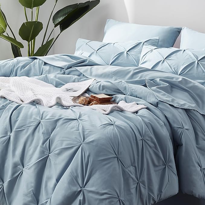 Bedsure Blue Comforter Set Queen - Bed in a Bag Queen 7 Pieces, Pintuck Bedding Sets Light Blue Bed Set with Comforter, Sheets, Pillowcases & Shams