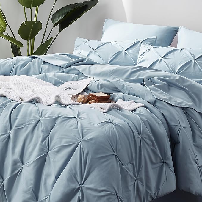 Bedsure California King Comforter Set - Cal King Bed Set 7 Pieces, Pinch Pleat Light Blue Cali King Bedding Set with Comforter, Sheets, Pillowcases & Shams