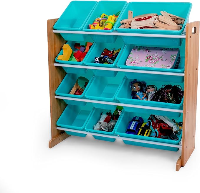 Humble Crew, Natural Wood/Aqua 12 Bin Toy Storage Organizer