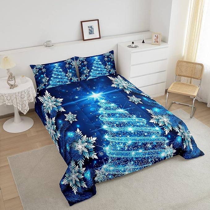 Feelyou Girls Christmas Tree Comforter Set Blue Xmas Theme Comforter Queen Chic Winter Snowflake Bedding Set for Girls Daughter Bedroom Decor Soft Girly Glitter Quilted Duvet Winter Warm Bedding