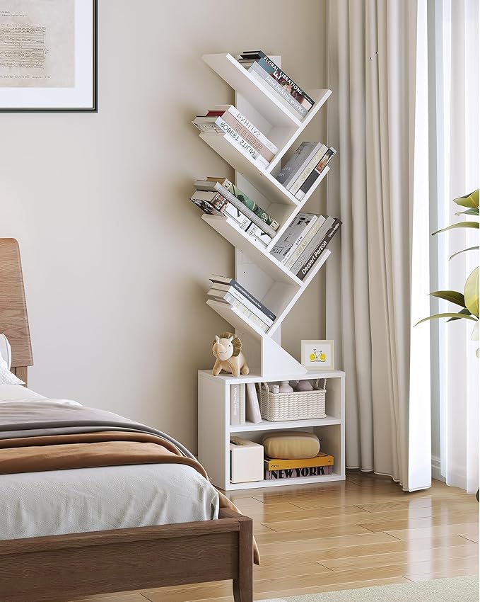 SUNMORY 6 Tier Tree Bookshelf, Tall Bookcase with Storage Cabinet, Modern Narrow Bookshelves Organizer, Floor Standing Book Shelf for Bedroom/Living Room/Home Office/Corner, White