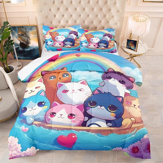 Cat Bedding Set Queen Size - Cute Girls Bedding Cat Comforter Set for Kids Teens Girls Cartoon Animal Print Cat Quilt Soft Breathable Kid Comforter Set, 1 Comforter 2 Pillowcase