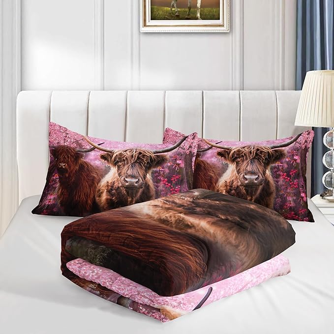 Cow Print Comforter Set Full Size Cherry Blossoms Cow Bedding Set Farmhouse Animals Quilt Bed Set with 1 Comforter and 2 Pillowcases