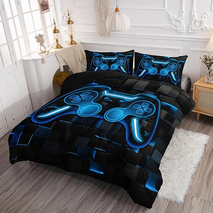 Axolotl Gamepad Comforter Set Twin Size,Blue Grid Print Bedding Set,Boys Gaming Console Comforter Set,Modern Gaming controller Geometry Bedding Set for Adult Teens Men,1 Quilt 2 Pillowcases,Blue Black