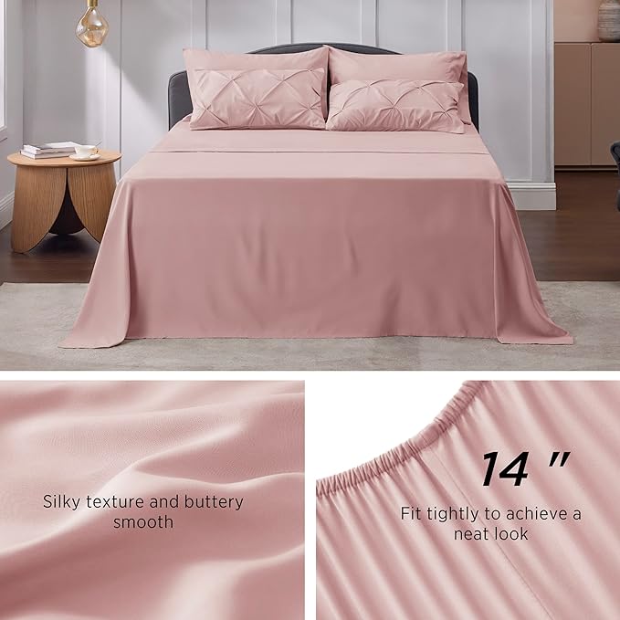 Bedsure King Size Comforter Set - Bedding Set King 7 Pieces, Pintuck Bed in a Bag Pink Bed Set with Comforter, Sheets, Pillowcases & Shams