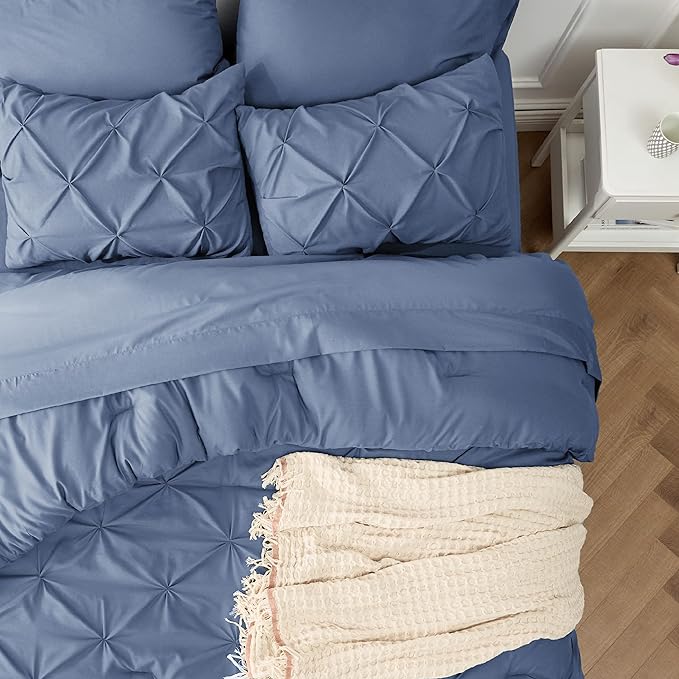 Bedsure Slate Blue King Size Comforter Set - Bedding Set King 7 Pieces, Pintuck Bed in a Bag Green Bed Set with Comforter, Sheets, Pillowcases & Shams