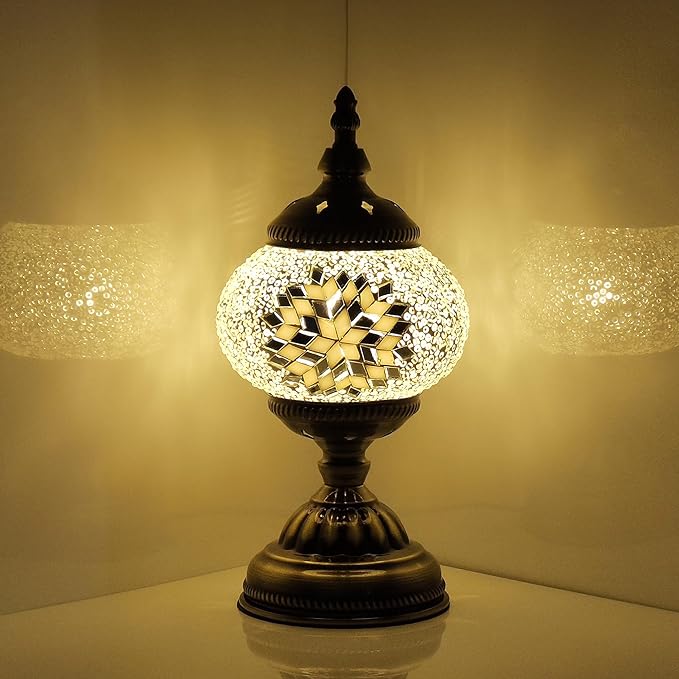 Turkish Mosaic Lamp Bohemian Tiffany Style Moroccan Bedside Lamps for Bedroom (White)