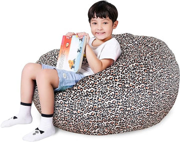 Lukeight Stuffed Animal Storage Bean Bag Chair Cover for Kids, Stuffed Animal Bean Bag Storage, Zipper Beanbag Chair Cover for Organizing Toddler & Kids' Rooms Plush Toys (Leopard Velvet, Large)