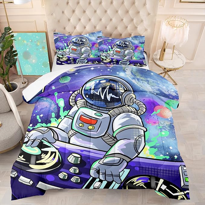 Outer Space Astronaut Full Comforter Sets for Teens Boys Galaxy Astronaut Space Bedding Themed Bedroom Decor Kids Comforter Sets Boys Room, 1 Comforter 2 Pillowcases