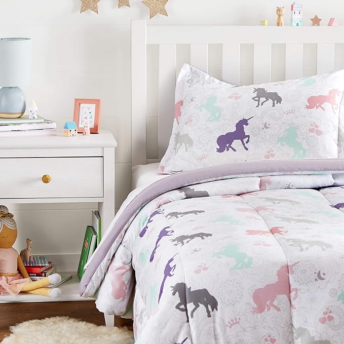 Amazon Basics Easy-Wash Microfiber Kid's 2-Piece Comforter and Pillow Sham Set, Animal Printed, Twin, Purple Unicorns