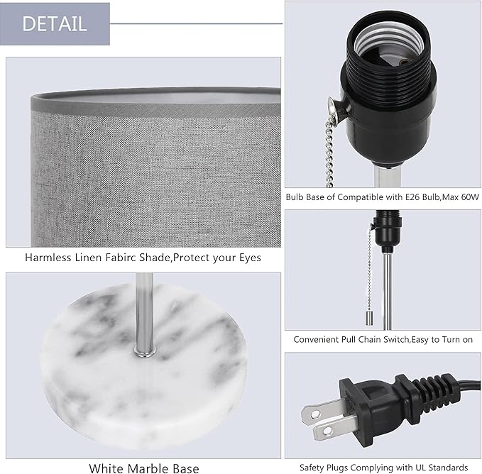 SEHERTIWY Bedside Lamps, Desk Lamps with Pull Chain, Nightstand Lamps with Marble Base and Silver Metal, Lamp for Bedroom, Living Room, Reading Room, Office-Grey