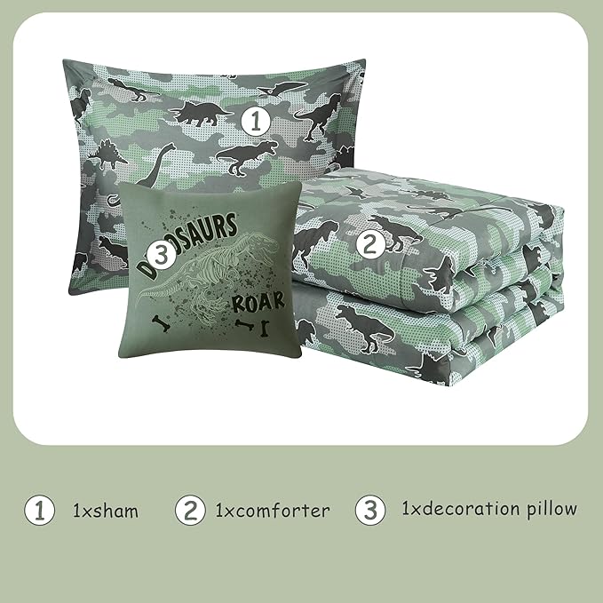 KALEIDOSPACE Kids Comforter Set Twin Size for Boys, Glow in The Dark Dinosaur Bedding Set Twin-1 Twin Comforter, 1 Decor Pillow, 1 Pillow Sham