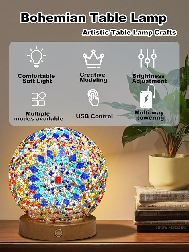 Turkish Table lamp,Bedside Lamps with Wooden Base,Bohemian Tiffany Style Bedroom Lamps,Mosaic Glass Retro Home Decor,Moroccan Lantern for Living Room,Office,Halloween Decorations(Blue)